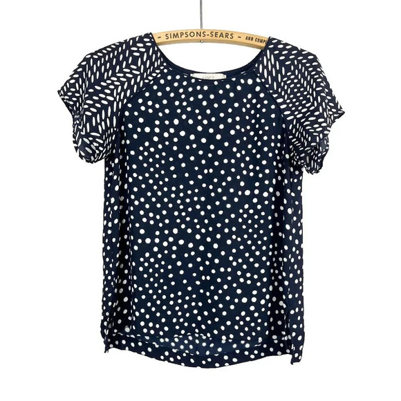 LOFT Ann Taylor Womens XS Petite Navy & White Dot  Pattern Tribal T-Shirt Blouse - Picture 1 of 6